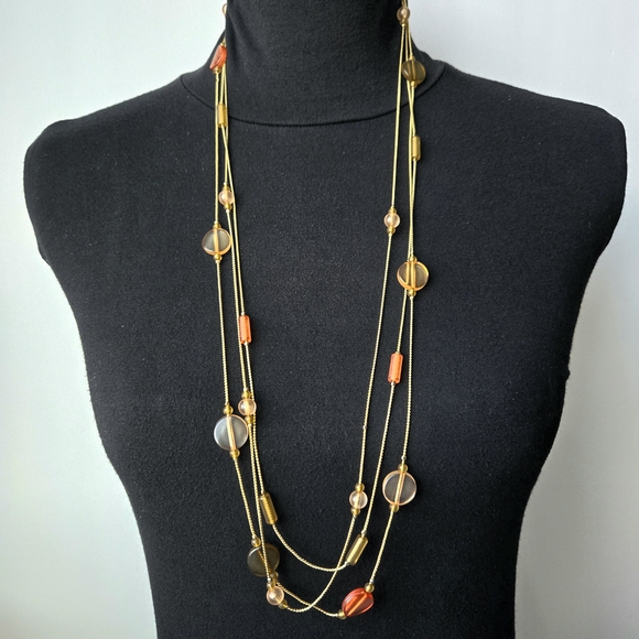 Vintage Jewelry - VTG Multi-Strand Goldtone Chain Necklace w Orange/Earth Tone Translucent Beads